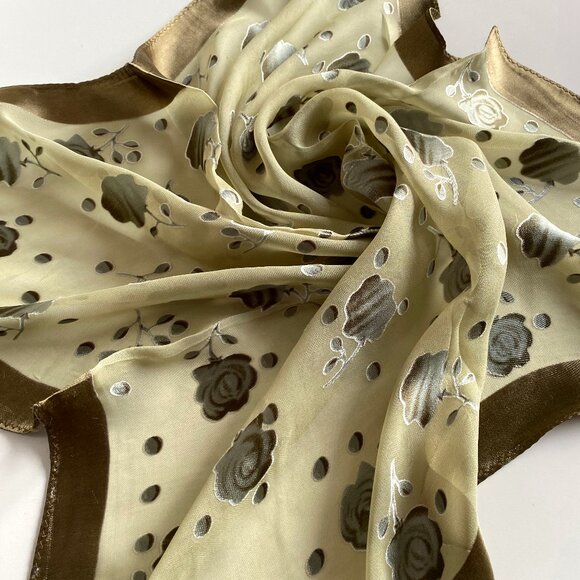 Vintage Floral Silk Scarf 20” Square Brown Beige Sheer Satin Border Retro Access - Picture 1 of 4